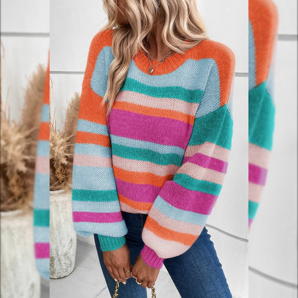 Multicolor Striped Knit Drop Shoulder Puff Sleeve Sweater